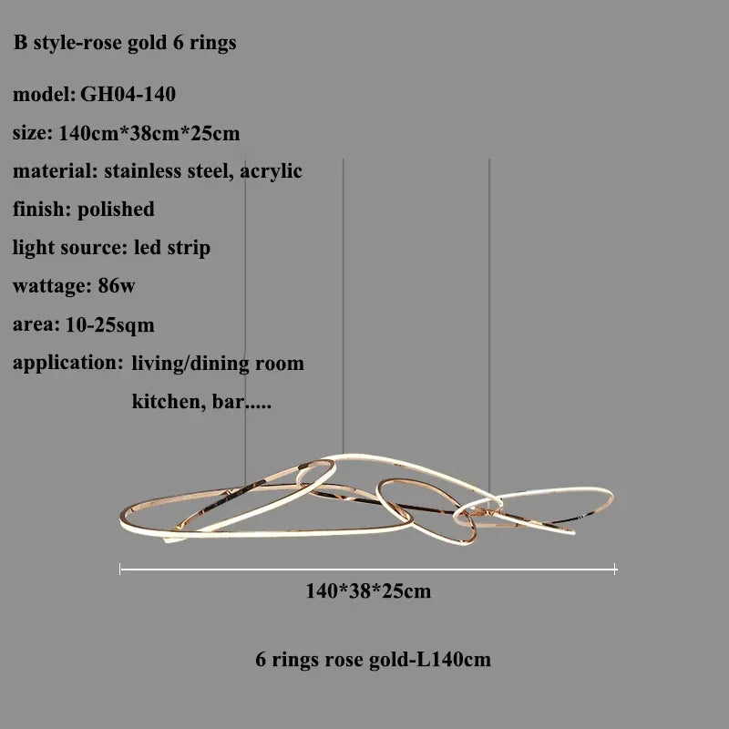 Rose Gold LED Chandeliers: Modern Rings Lighting for Living, Dining, Kitchen - Luminaire