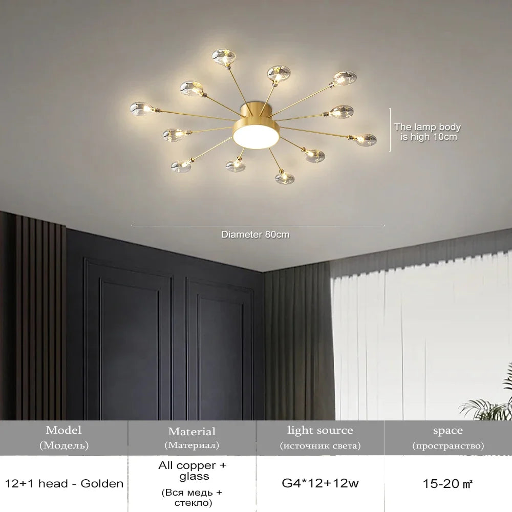 Copper Fireworks LED Ceiling Chandelier for Modern Bedroom and Living Room Decor