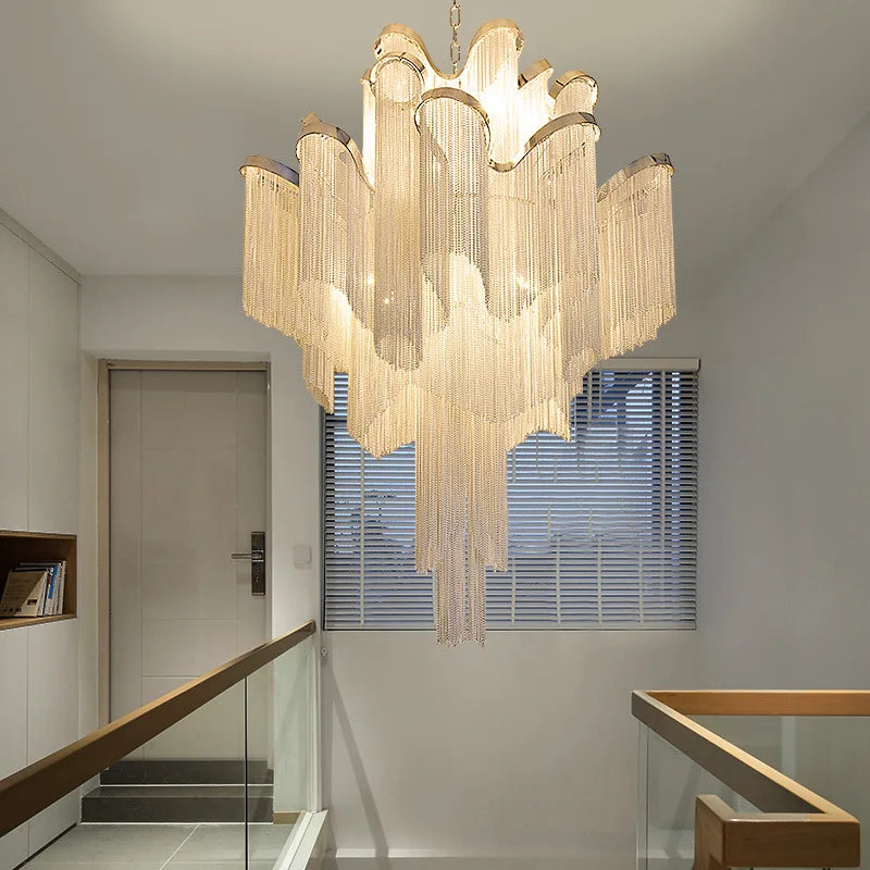 Luxury Tassel Chandelier: Elegant Aluminum Chain LED Lighting for Living Room Loft Villa