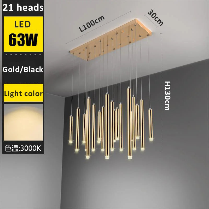 Golden Tube LED Chandelier for Modern Duplex Villa Living Room Staircase