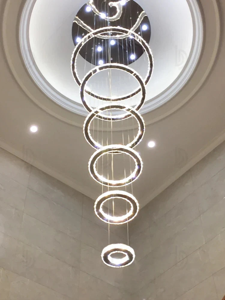 Chrome Rings Crystal Chandelier: Modern Luxury Staircase Lighting for Villa Lobby Fixtures