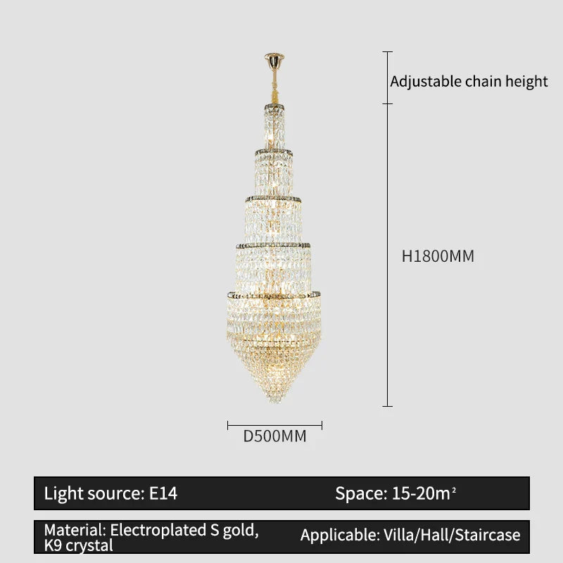 Crystal Hollow Long Chandelier: Elegant Duplex Villa Hall Lighting