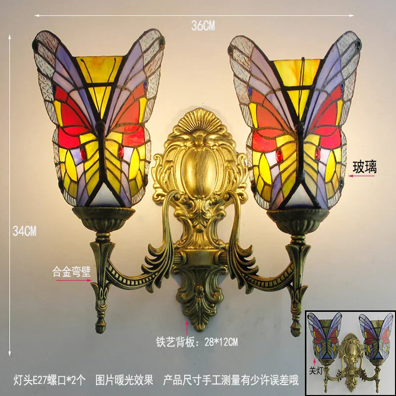 Butterfly Glass Sconces LED Wall Lamps Tiffany Mediterranean Bedroom Lighting