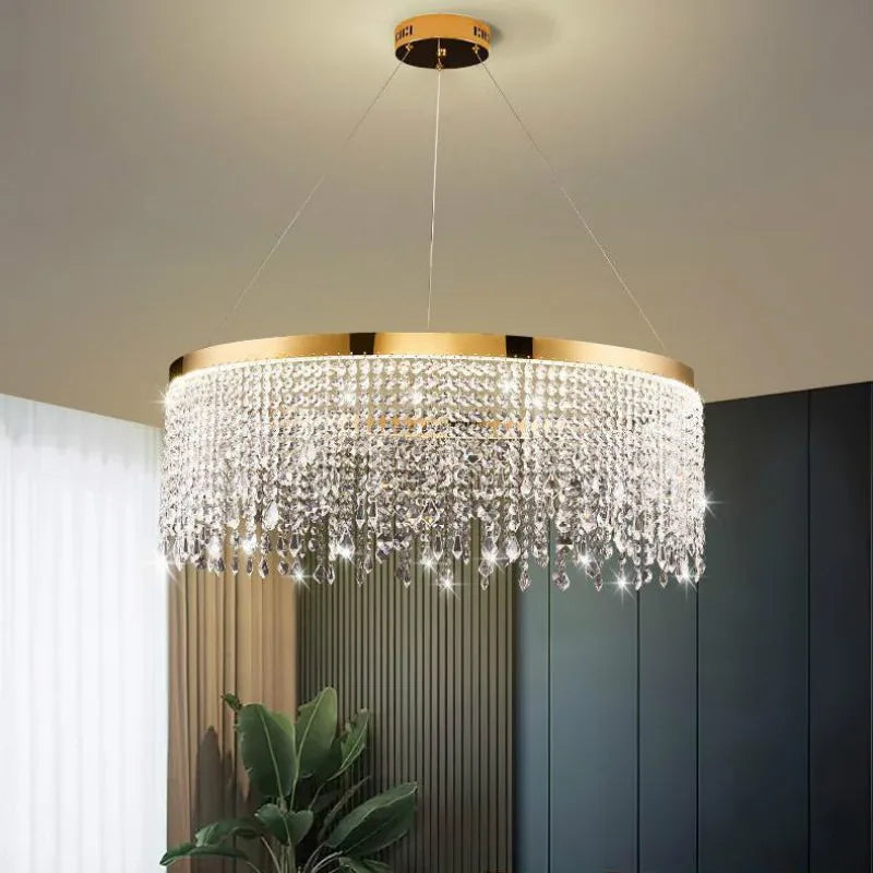 Steel Crystal Pendant Light Dimmable LED Fixture Luxe Round Hanging Lamp