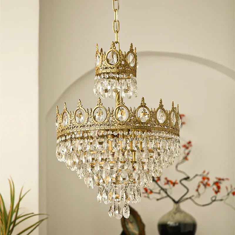 Crown Crystal Chandelier - Golden Vintage LED Pendant for Elegant Indoor Lighting