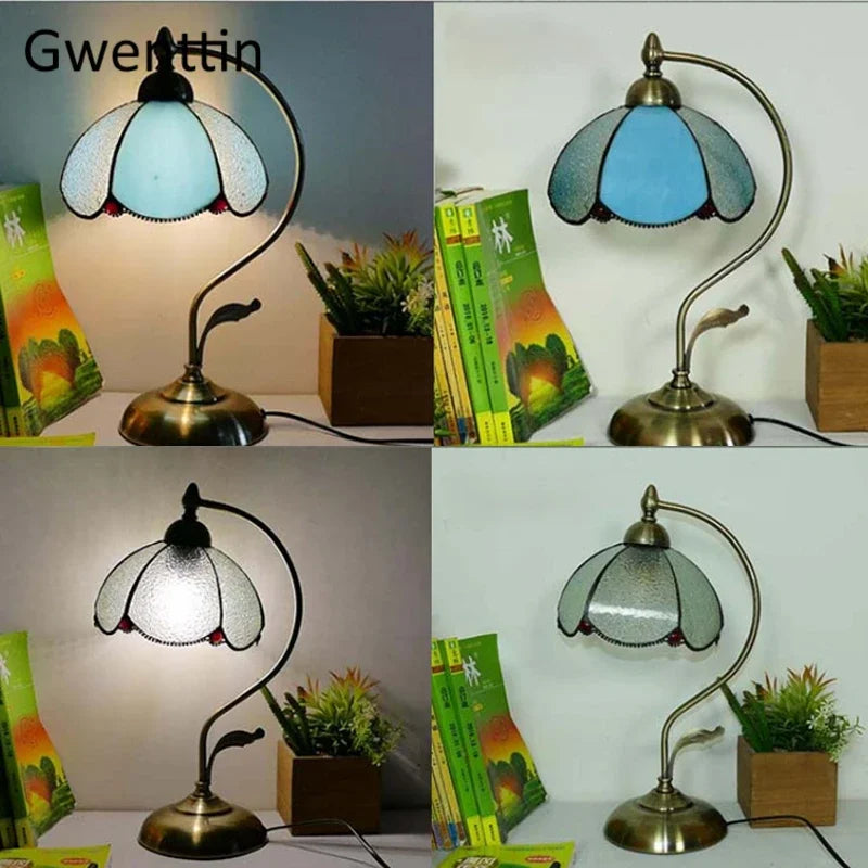 Mediterranean Tiffany Stained Glass Table Lamp LED Living Room Bedroom Vintage Fixtures