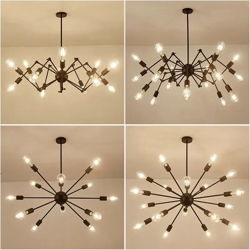 Retro Spider Iron Chandelier: Adjustable, Rotatable, Industrial Living Room Lighting
