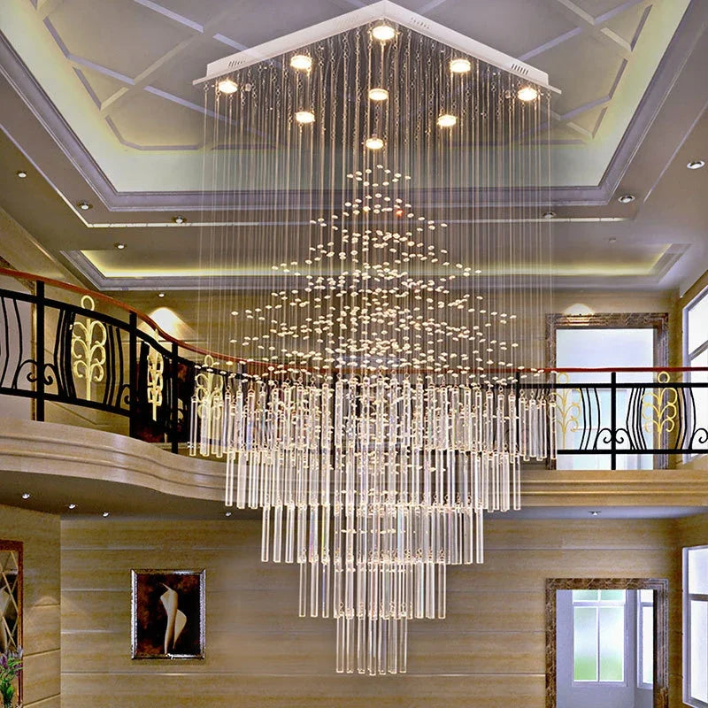 Crystal Column Chandelier: Modern Square Base Hanging Lamp for Living Room, Stair Loft