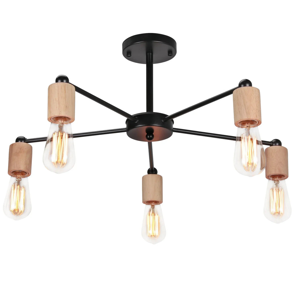 Industrial Rod Iron Wood Sputnik Chandelier Ceiling Lamp LED E27 Home Lighting