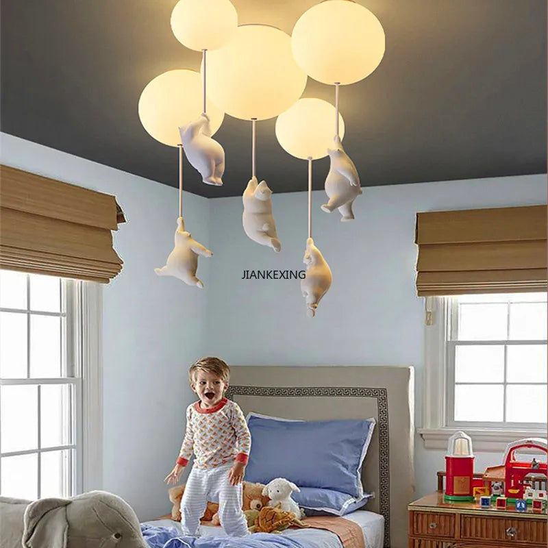 Bear LED Ceiling Chandelier: Cute PVC Ball Lampshade for Children's Room Decor