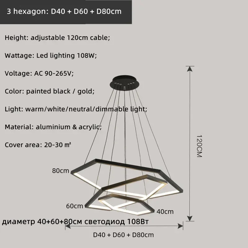 Hexagon Aluminium LED Pendant Light Dimmable Minimalist Chandelier for Living Room Bedroom