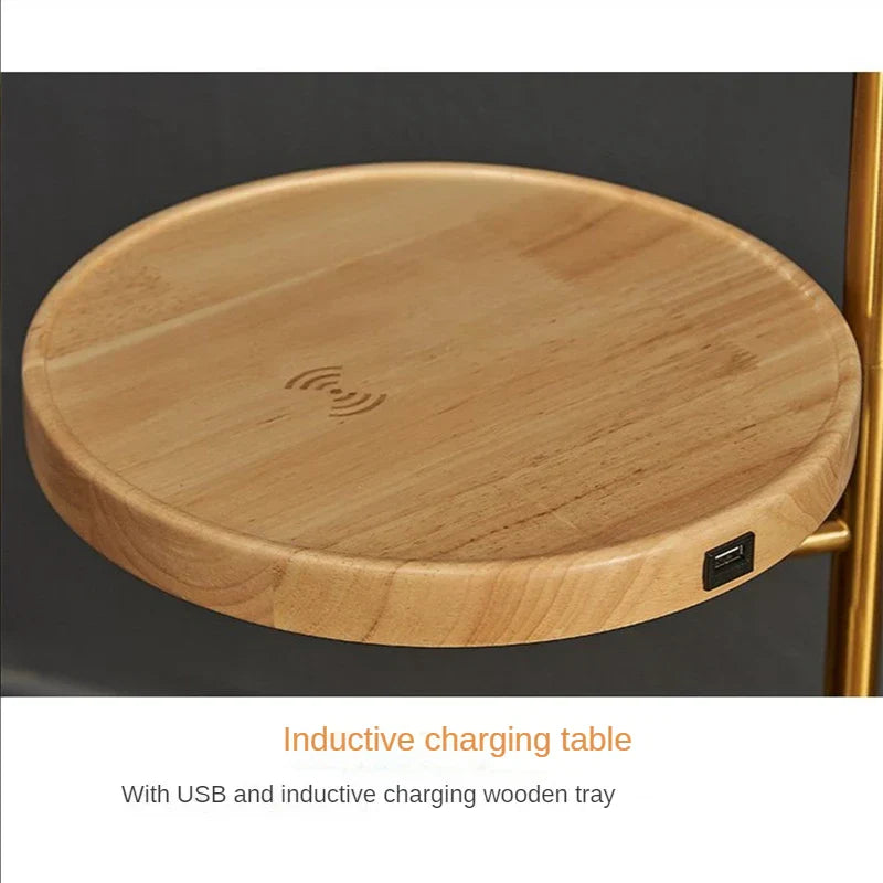 Wireless USB Charging Floor Lamp Round Wood Metal Table Standing Lamp
