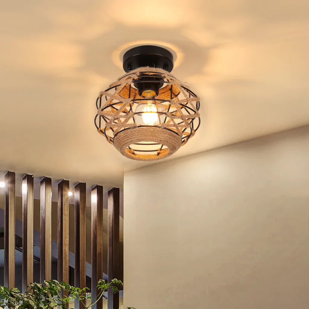 Rattan Ceiling Chandelier Rustic Retro Flush Mount Light Fixtures