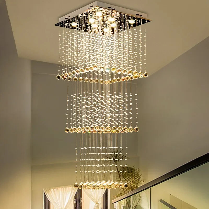 Teardrop Crystal Stairwell Chandelier | Luxury Long Stair Pendant Light