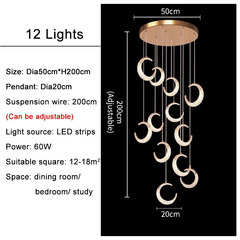 Moon Design Acrylic LED Chandelier: Modern Staircase Pendant Light for Living and Dining Room