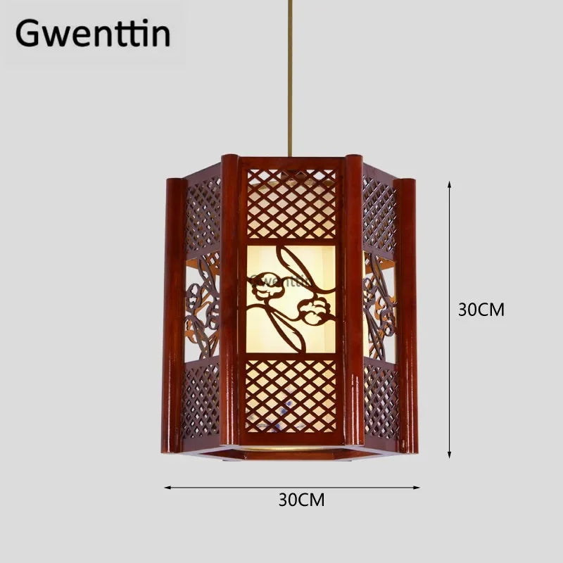 Sheepskin Lantern Pendant Light - Vintage Chinese Style Wooden Hanging Lamp