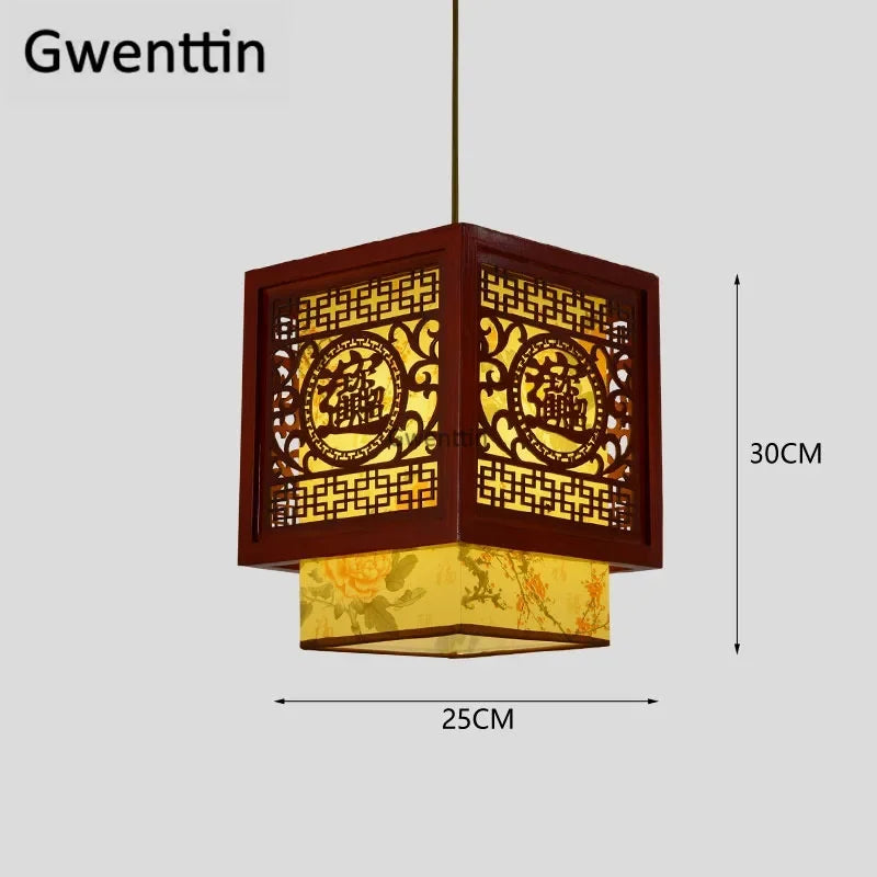 Sheepskin Lantern Pendant Light - Vintage Chinese Style Wooden Hanging Lamp