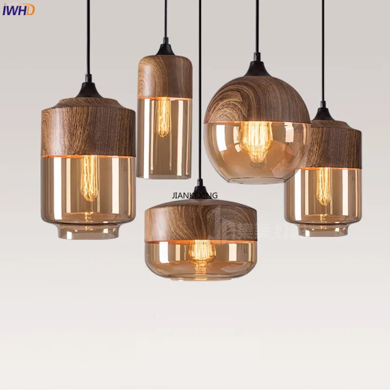 Wood Color Glass LED Pendant Light for Bedroom Dinning Living Room