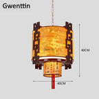 Sheepskin Lantern Pendant Light - Vintage Chinese Style Wooden Hanging Lamp