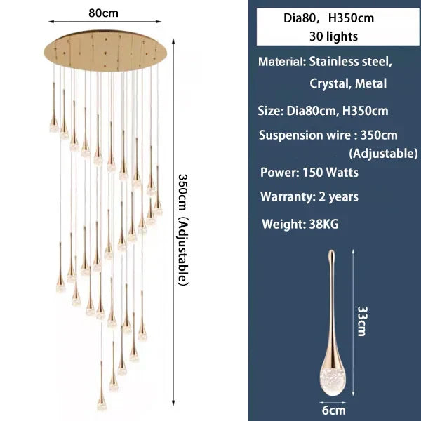 Crystal LED Staircase Chandelier - Gold Pendant Lamp for Living Room & Lobby