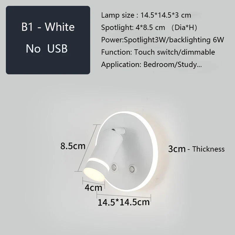 LED Wall Sconce Lamp Touch Switch USB Bedside Reading Light Tri-color Diammable