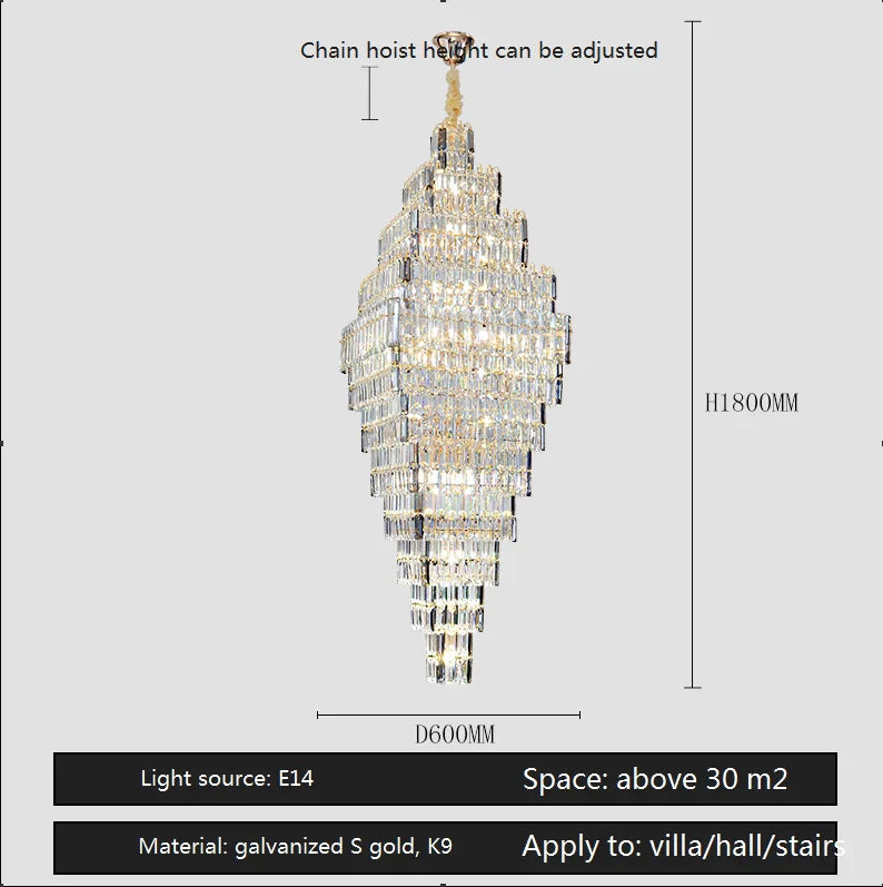 Crystal Large Chandelier for Villa Duplex Loft Stairs, Elegant Hall Pendant Light