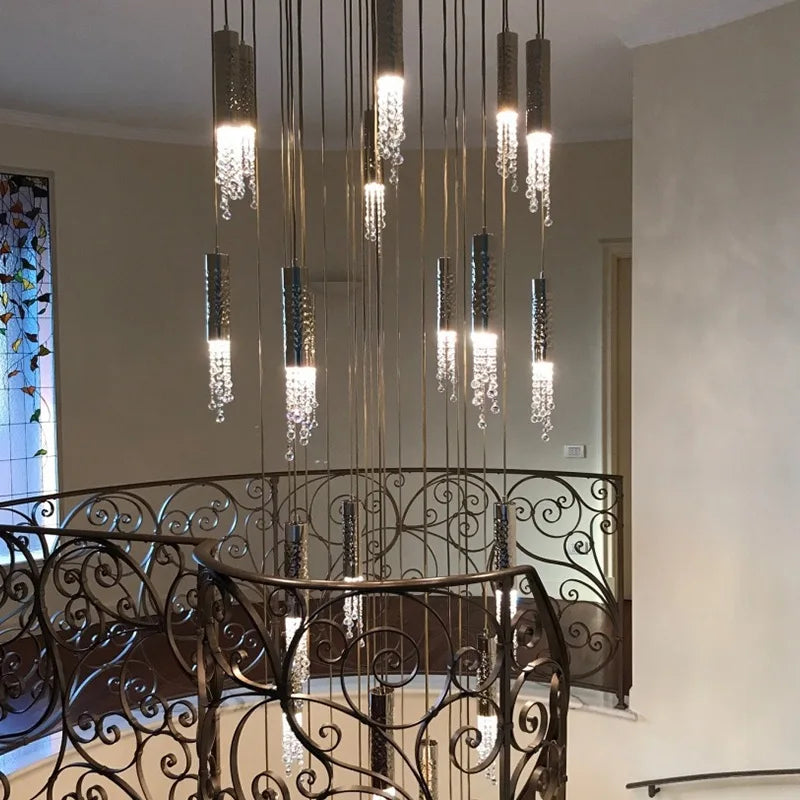 Crystal LED Staircase Chandelier: Modern Luxury Ceiling Lighting for Living Room Hall Loft
