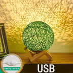 Minimalist Rattan Ball LED Table Lamp with Solid Wood Base