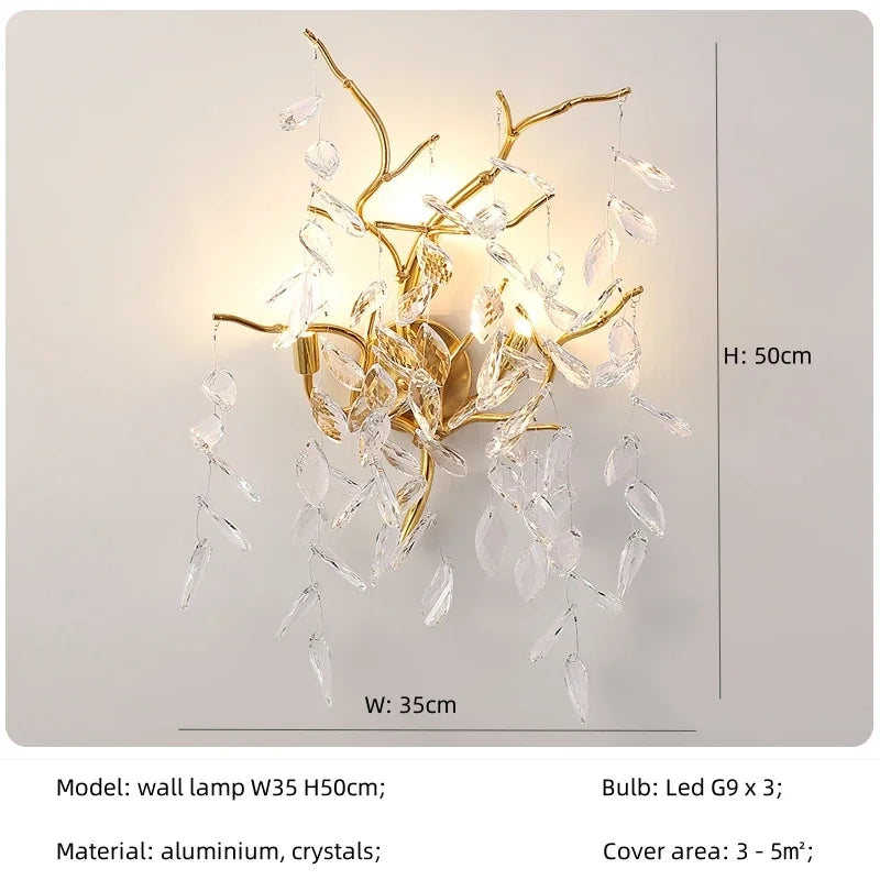 Crystal Branch Chandelier LED Pendant Lamps Elegant Villa Living Room Gold Decor