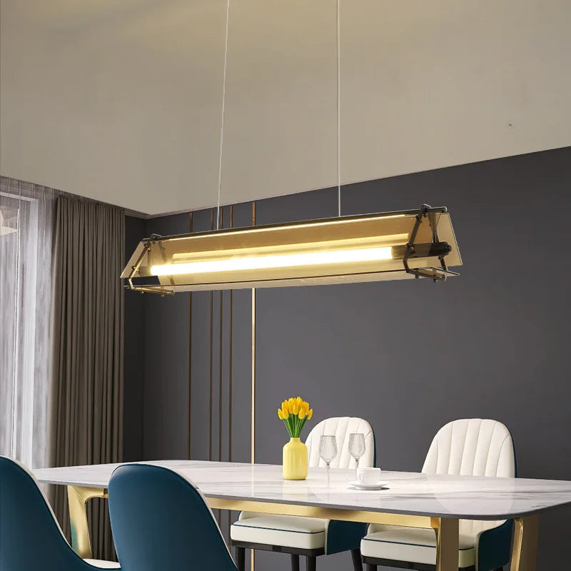 Amber LED Pendant Lamp Tempered Glass Dining Table Minimalist Modern Design