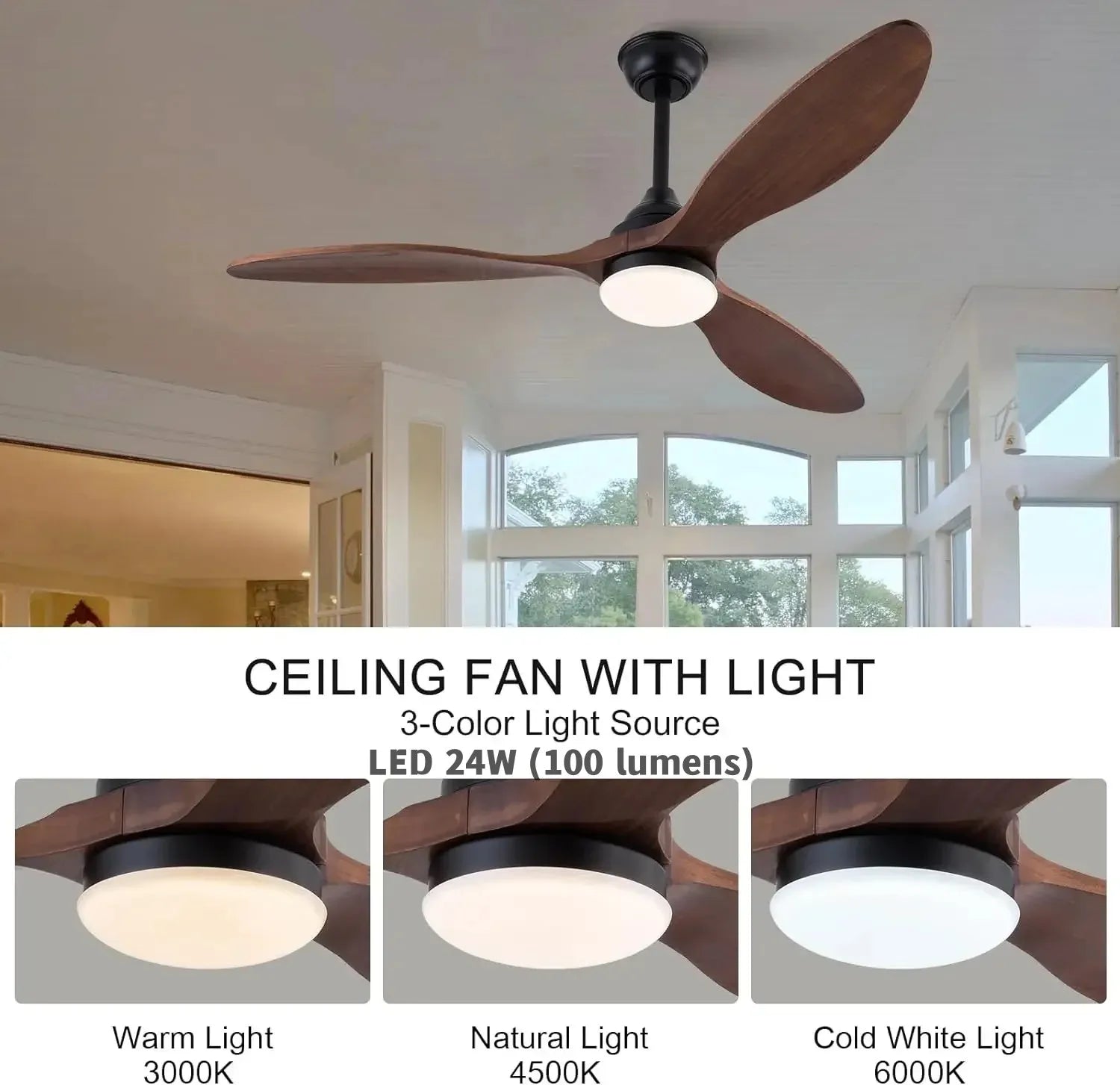 52 Inch Wood Blade Ceiling Fan with Remote Control and Lights