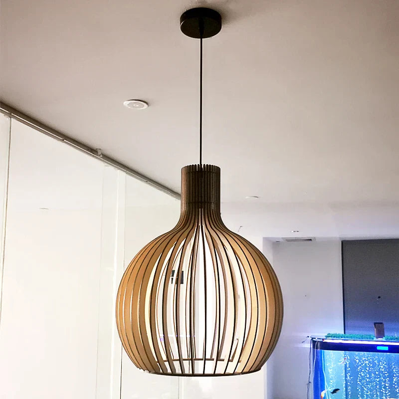 Nordic Wooden Birdcage Pendant Light for Living Room