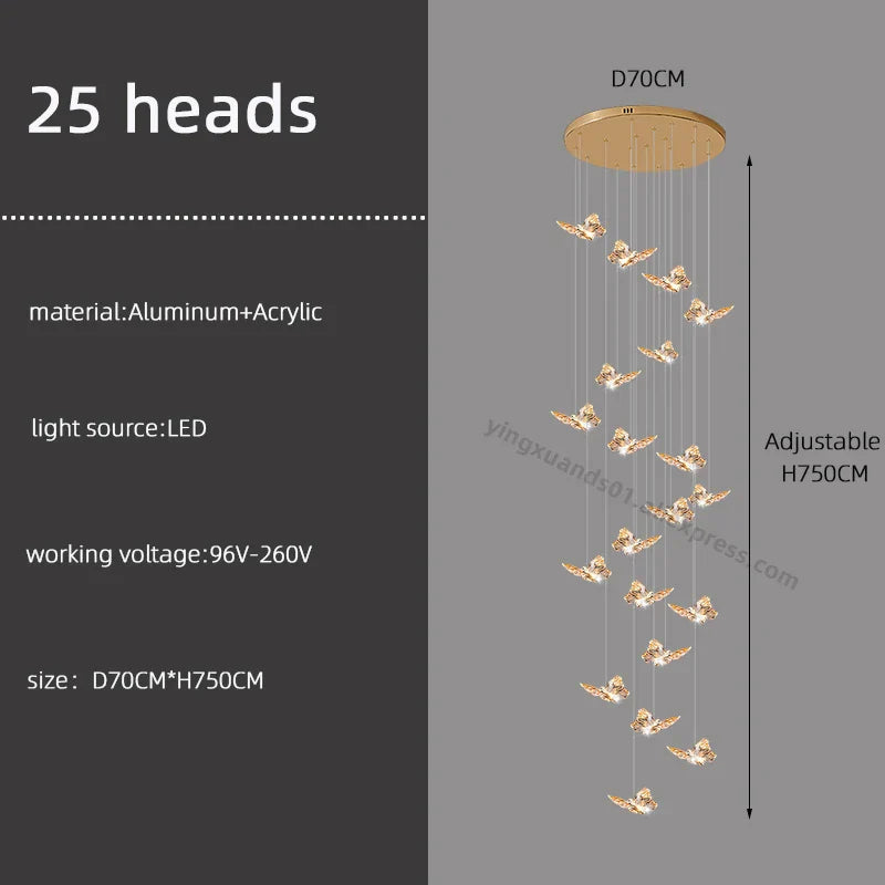 Butterfly Chandelier Staircase Suspended Loft Pendant Light for Living Room & Hallway