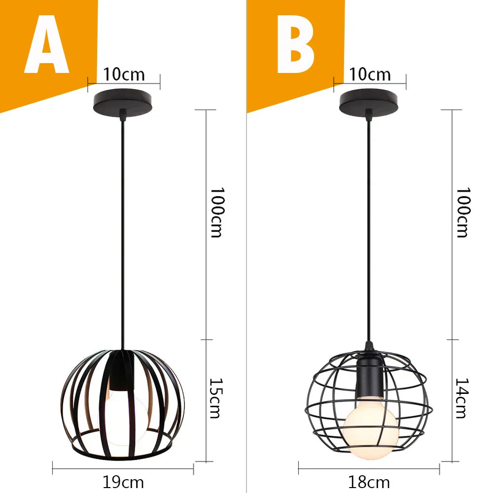 Black Metal Cage Pendant Light - Vintage Industrial Loft Kitchen Lighting