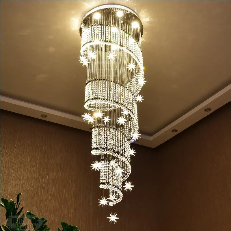 Spiral Moon & Star Crystal Chandelier: Modern Lobby & Stair Lighting Option