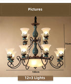 Vintage Ceramic Chandelier: European Classic Design, Glass Lampshade, Metal Arm Light
