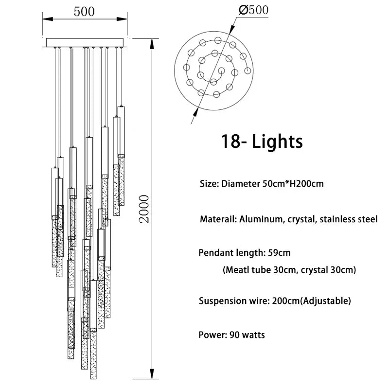 Crystal Led Chandelier for Modern Loft Living Room Staircase, Gold Art Deco Hanging Lamp
