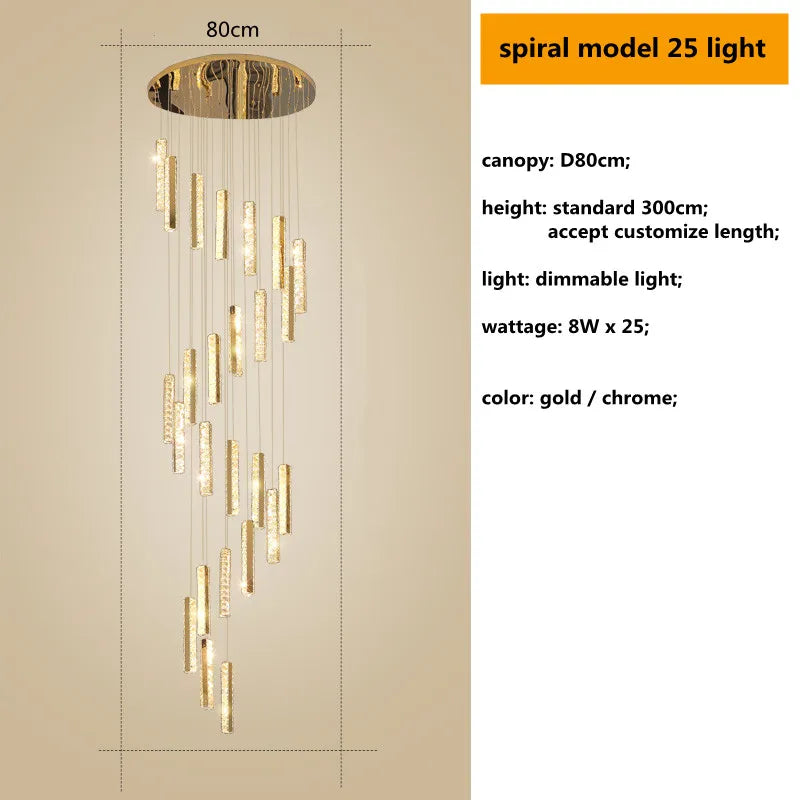 Gold Chrome Steel Crystal Pendant Lights with Dimmable LED for Villa Stair