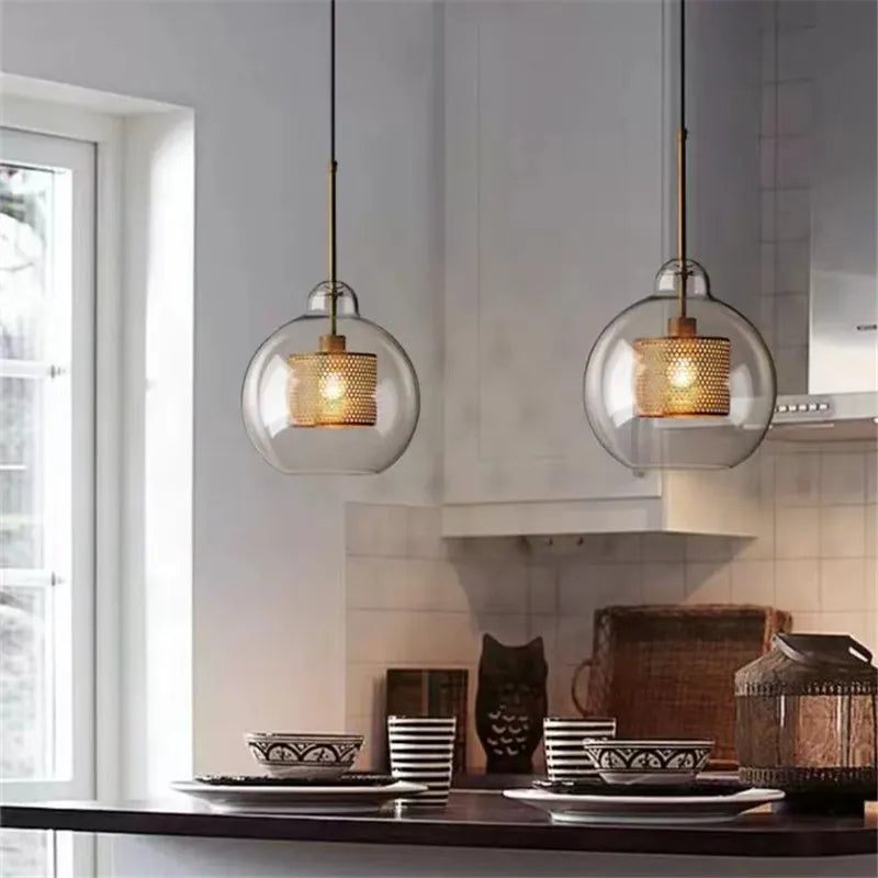 Nordic Mesh Glass Pendant Light - Silver Bronze Kitchen Dining Hanging Lamp