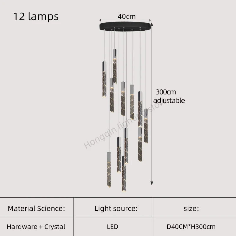 Gold Crystal Stairs Chandelier Luxe LED Pendant Light Luxury Indoor Lighting