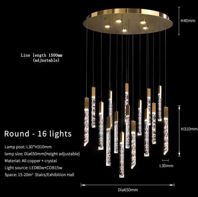Modern Loft Crystal Gold Chandelier for Staircase & Living Room