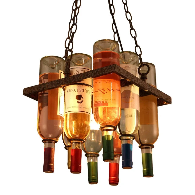 Rust Metal Wine Bottle Chandelier for Cafe LOFT Bar Lighting