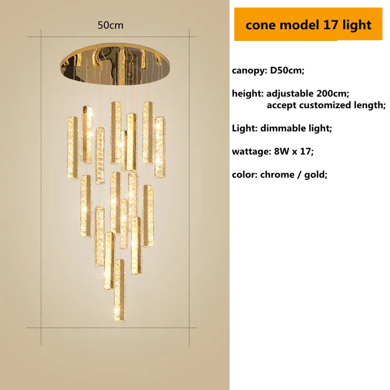 Gold Chrome Steel Crystal Pendant Lights with Dimmable LED for Villa Stair