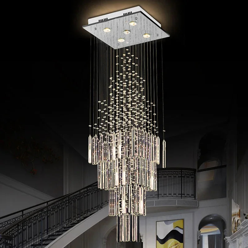 Crystal Column Chandelier: Modern Square Base Hanging Lamp for Living Room, Stair Loft