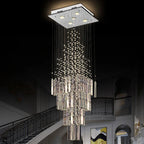 Crystal Column Chandelier: Modern Square Base Hanging Lamp for Living Room, Stair Loft