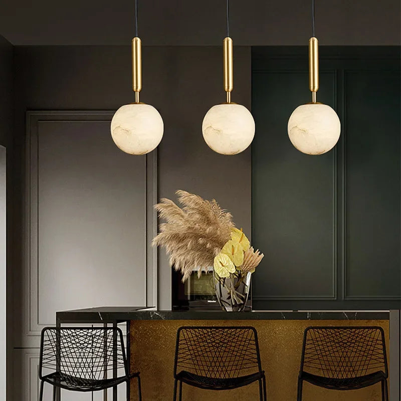 Copper Marble Pendant Light: Modern LED Hanging Lamp for Dining Room