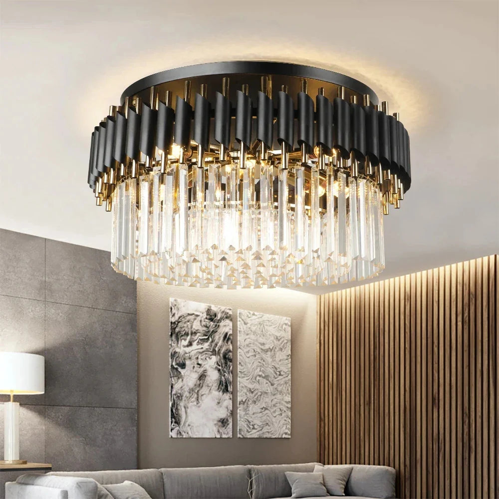 Gold Black Crystal Ceiling Chandelier - Round LED Pendant for Living Room Lighting