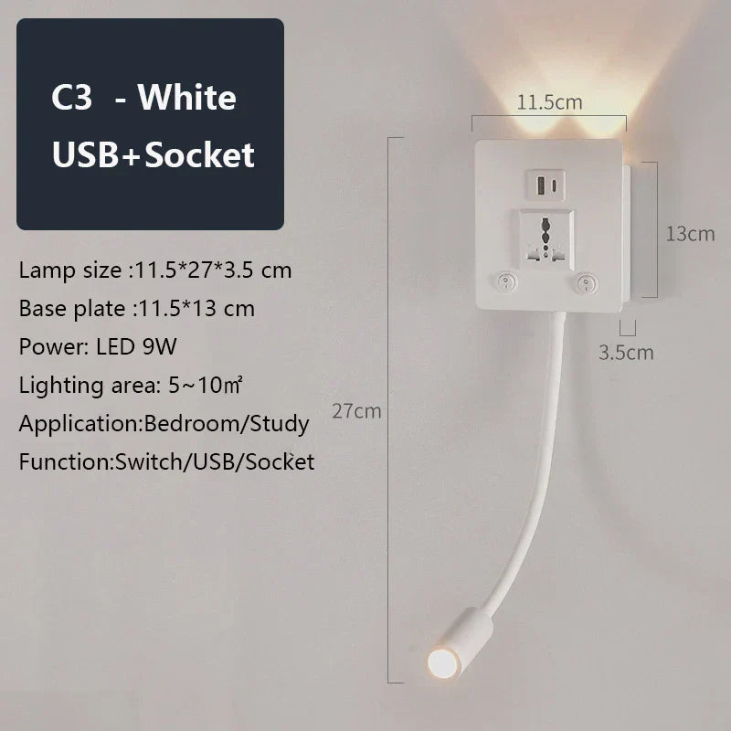 Rotatable LED Wall Sconce Lamp with USB Port & Socket for Bedrooms, Restaurants - White/Black
