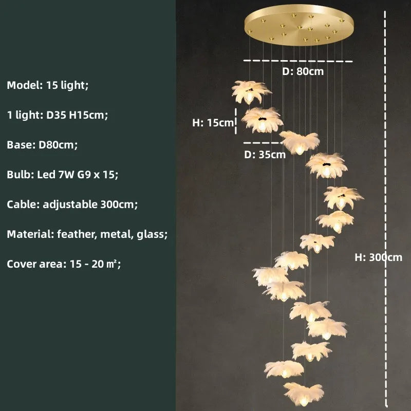 Ostrich Feather Glass Chandelier Lighting for Modern Staircase and Home Decor