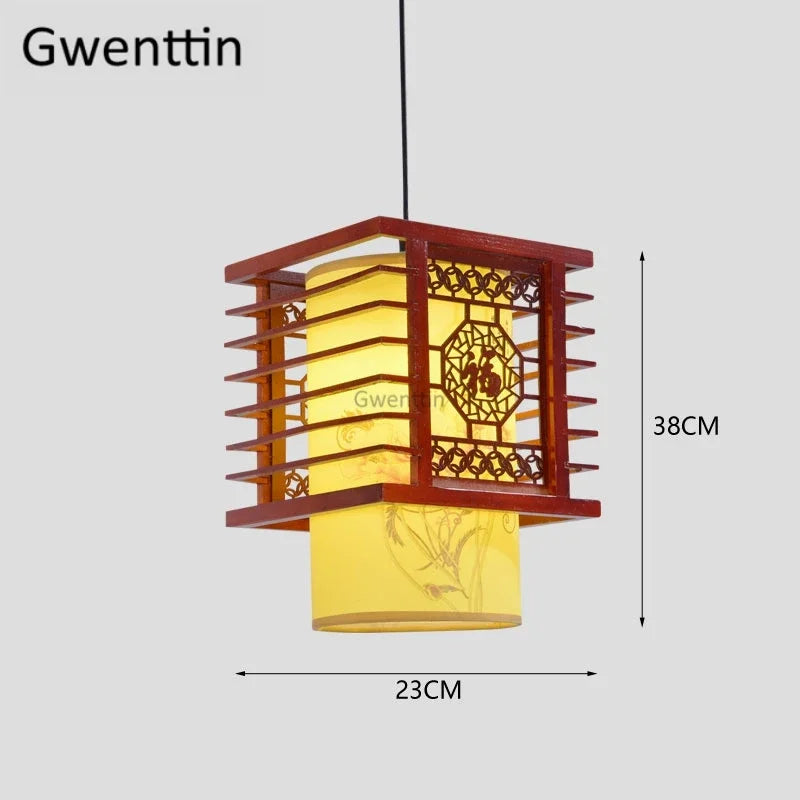 Sheepskin Lantern Pendant Light - Vintage Chinese Style Wooden Hanging Lamp